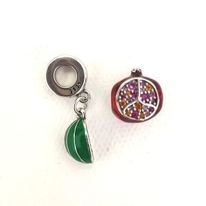 New 2 Garnet & Sterling Silver Fruit Charms Pendants Pomegranate + Watermelon